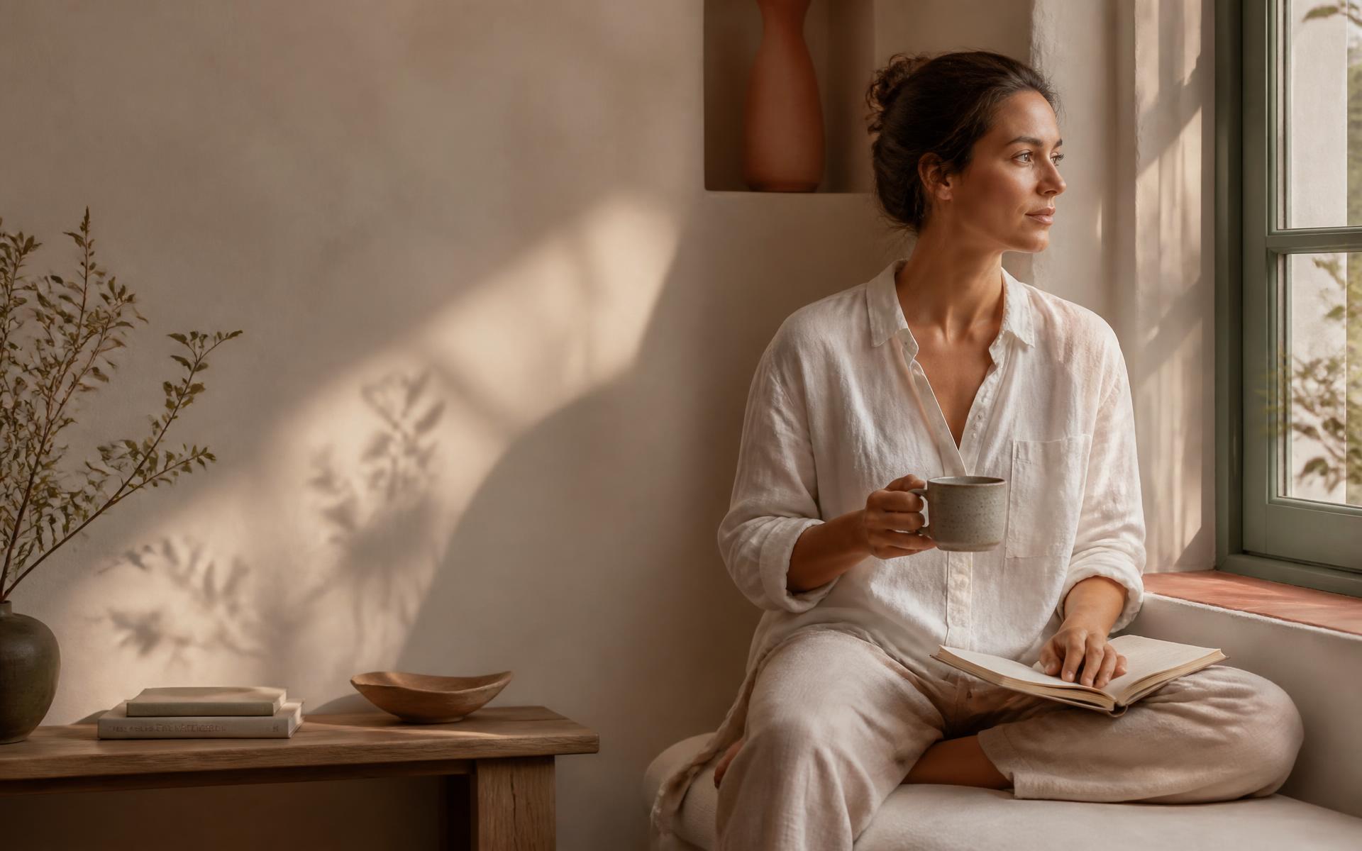 Mujer en calma junto a una ventana con una taza y un cuaderno